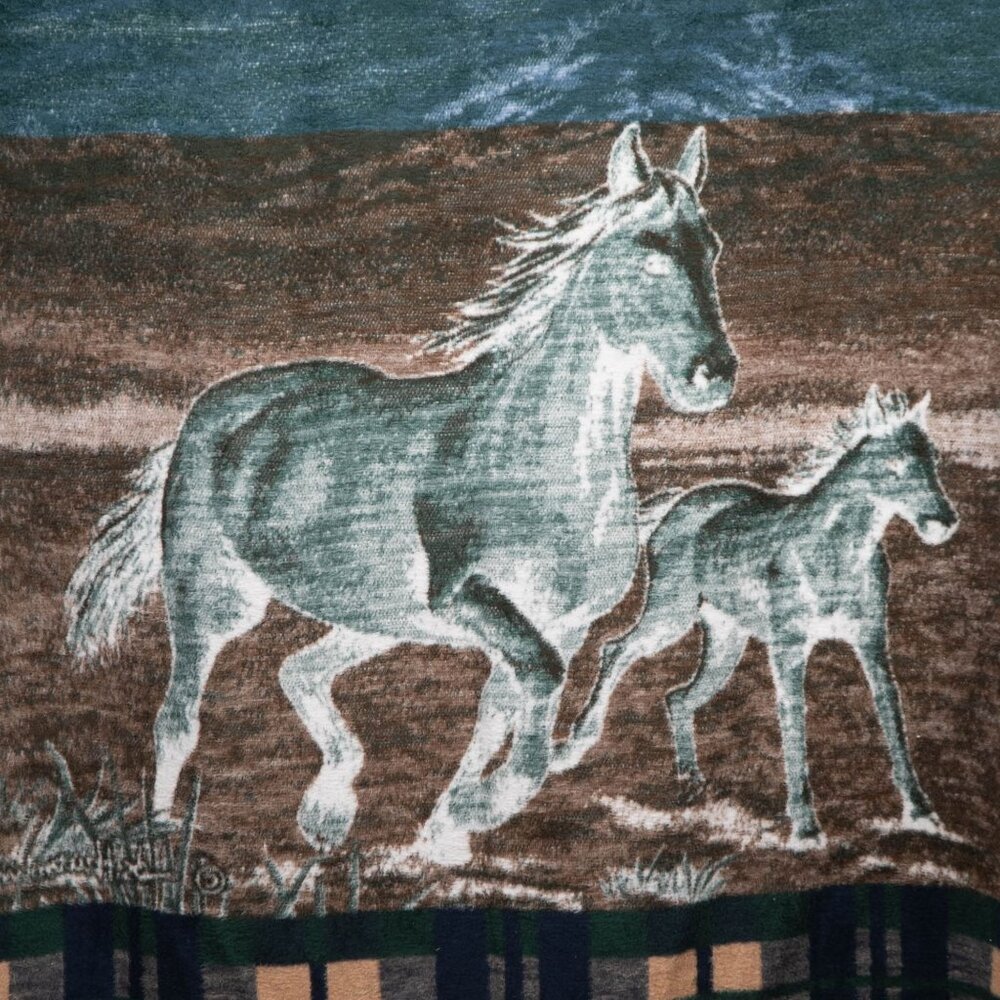 Biederlack Horse Foal Throw Blanket VTG Plaid Border Green Blue Running USA - Picture 7 of 8